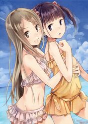  2girls beach black_hair blonde_hair commentary_request day groin hug hug_from_behind long_hair looking_at_viewer midriff minami_shizuku miniskirt multiple_girls navel noda_kotone open_mouth outdoors pvmivs sakura_trick scrunchie short_twintails skirt smile swimsuit twintails water yuri 