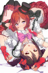  2girls :o \||/ bed_sheet black_bow black_hair black_thighhighs blush bokura_wa_ima_no_naka_de bow bowtie center_frills choker commentary_request earrings fingerless_gloves frilled_choker frilled_shirt_collar frills gloves hairbow hat jewelry looking_at_viewer love_live! love_live!_school_idol_project lying multiple_girls navel nishikino_maki on_back pachi_(sugiyama0306) pink_bow pink_bowtie pink_eyes plaid plaid_skirt purple_eyes red_bow red_gloves red_hair red_skirt skirt smile thighhighs top_hat twintails yazawa_nico yuri 