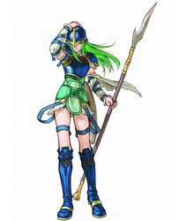  armor female fire_emblem green_eyes green_hair nephenee official_art simple_background solo spear 