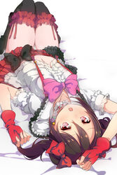  :o bed_sheet black_bow black_hair black_thighhighs blush bokura_wa_ima_no_naka_de bow bowtie center_frills choker commentary_request earrings female fingerless_gloves frilled_choker frilled_shirt_collar frills gloves hairbow half-skirt jewelry looking_at_viewer love_live! love_live!_school_idol_project lying navel on_back pachi_(sugiyama0306) pink_bow pink_bowtie pink_eyes plaid plaid_skirt red_bow red_gloves red_skirt short_hair skirt solo thighhighs twintails yazawa_nico zettai_ryouiki 