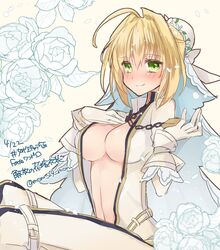  ahoge blush bodysuit breasts bridal_veil chains cleavage commentary_request fate/extra fate/extra_ccc fate_(series) female flower gloves green_eyes highres large_breasts looking_at_viewer mom_29_mom navel nero_claudius_(bride)_(fate) nero_claudius_(fate) open_clothes rose veil white_gloves 