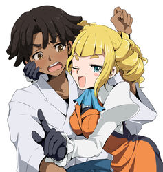  1boy ;d ascot bad_id bad_pixiv_id black_hair blonde_hair blue_eyes blush blush_stickers breasts brown_eyes dark-skinned_male dark_skin dreadlocks dress drill_hair embarrassed female gloves gundam gundam_build_fighters japanese_clothes medium_breasts nils_nielsen one_eye_closed open_mouth photoshop_(medium) simple_background smile sweatdrop white_background yajima_caroline yamasae 