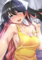  bare_shoulders black_hair blush breasts cleavage commentary_request female highres kantai_collection kashiwamochi_(kashiwakashiwa) long_hair looking_at_viewer medium_breasts multicolored_hair naganami_(kancolle) oerba_yun_fang off_shoulder open_mouth pink_hair purple_eyes sideboob smile solo two-tone_hair 