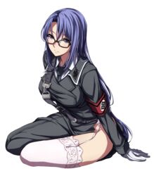  commentary_request dies_irae female garter_straps glasses gloves highres lace lace-trimmed_legwear lace_trim long_hair looking_at_viewer low-tied_long_hair nagioka necktie purple_eyes purple_hair riza_brenner shinza_bansho_series simple_background solo thighhighs uniform very_long_hair white_background 