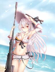  anti-materiel_rifle arm_up armpits beach bolt_action breasts chicami cloud collarbone commentary day female girls&#039;_frontline gun hat highres iws_2000_(girls&#039;_frontline) large_breasts long_hair looking_at_viewer navel ocean outdoors red_eyes rifle sky sniper_rifle solo steyr_iws_2000 straw_hat sun_hat swimsuit symbol-only_commentary weapon white_hair 