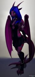  2016 3_toes 5_fingers absurd_res akhlys anchors_art_studio anklet anthro armband armlet armwear bat_wings big_feet big_tail big_wings biped black_bottomwear black_clothing black_collar black_footwear black_gloves black_handwear black_legwear black_skirt black_socks black_thigh_highs black_thigh_socks black_topwear blue_hair bottomwear breasts claws clothed clothing collar digital_media_(artwork) digitigrade dragon_tail ears_back elbow_gloves evening_gown fangs feet female fingerless_gloves fingers folded_wings footwear gargoyle gloves gown green_eyes hair hair_down handwear hi_res hindpaw horn humanoid_pointy_ears jewelry legwear lizard_tail long_ears long_hair long_legs long_tail looking_at_viewer membrane_(anatomy) membranous_wings miniskirt necklace nipple_outline non-mammal_breasts paws pendant pivoted_ears pleated_skirt purple_body purple_horn purple_nose purple_skin purple_tail purple_wings red_stripes scalie shaded simple_background skimpy skirt smile snout socks solo standing stirrup_socks stockings straight_hair striped_body striped_skin stripes tail talons teeth thick_tail thigh_highs thigh_socks titanium toeless_footwear toeless_socks toes topwear wavy_hair wing_claws winged_arms wings 