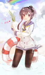  bad_id bad_pixiv_id black_hair black_legwear blue_sky brown_eyes cloud daikon day dress hairband highres innertube kantai_collection multicolored_hair open_mouth rainbow ripples sailor_dress school_uniform seamed_legwear serafuku shirt short_hair short_hair_with_long_locks side-seamed_legwear sky smile thighhighs tied_shirt tokitsukaze_(kantai_collection) water xinghuo 