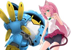  animal_ears arm_up bike_shorts blush cat_ears cat_tail clenched_hand commentary_request female green_eyes gundam gundam_build_divers kyou_(tr-6) long_hair mecha microskirt miniskirt momo_(gundam_build_divers) momokapool paw_pose pink_hair ponytail red_skirt robot shirt shorts shorts_under_skirt skirt sleeveless sleeveless_shirt smile tail white_shirt yashiro_momoka 