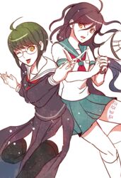  2girls ahoge brown_eyes brown_hair commentary_request cosplay costume_switch danganronpa_(series) danganronpa_another_episode:_ultra_despair_girls fukawa_toko fukawa_toko_(cosplay) glasses green_hair long_hair megaphone multiple_girls naegi_komaru naegi_komaru_(cosplay) one_eye_closed open_mouth scar school_uniform scissors serafuku short_hair skirt smile thighhighs tongue tongue_out z-epto_(chat-noir86) 