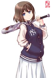  alternate_costume artist_logo baseball_bat baseball_uniform blue_eyes breasts brown_hair closed_mouth commentary_request dated delinquent female hair_between_eyes hair_ornament hairclip highres kanon_(kurogane_knights) kantai_collection large_breasts logo long_skirt major_league_baseball maya_(kancolle) new_york_yankees short_hair simple_background skirt solo sportswear white_background 