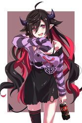  bare_shoulders black_dress black_hair black_thighhighs coca-cola commentary_request cowboy_shot demon_girl demon_horns demon_tail dress female hair_between_eyes highres horns karahai_(31448823) long_hair long_sleeves looking_at_viewer multicolored_hair nijisanji open_mouth pointy_ears purple_shirt red_eyes red_hair shirt single_thighhigh sleeves_past_fingers sleeves_past_wrists smile solo striped_sleeves tail thighhighs torn_clothes torn_shirt two-tone_hair very_long_hair virtual_youtuber wavy_hair yamiyono_moruru yamiyono_moruru_(1st_costume) 