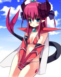  armor bangs between_legs bikini bikini_armor blue_eyes blue_sky blush cape choker cloud cowboy_shot curled_horns day dragon_girl dragon_horns dragon_tail elizabeth_bathory_(brave)_(fate) elizabeth_bathory_(fate) elizabeth_bathory_(fate)_(all) eyebrows_visible_through_hair fate/grand_order fate_(series) female female gradient gradient_background hair_between_eyes hair_ribbon hairband hand_between_legs hands_together have_to_pee horns looking_at_viewer open_mouth outdoors pauldrons pink_hair pointy_ears purple_ribbon red_armor red_bikini red_choker ribbon ruugaruu sky solo standing swimsuit tail tied_hair two_side_up v_arms white_cape white_hairband 