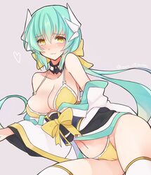  aqua_hair bikini blush breasts cameltoe cleavage commentary_request fate/grand_order fate_(series) female horns japanese_clothes kimono kiyohime_(fate) kiyohime_(swimsuit_lancer)_(fate) kiyohime_(swimsuit_lancer)_(first_ascension)_(fate) long_hair looking_at_viewer medium_breasts mom_29_mom open_clothes open_kimono smile swimsuit thighhighs white_legwear yellow_bikini yellow_eyes 