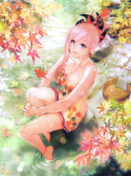  :d anklet asymmetrical_hair bare_arms bare_shoulders barefoot breasts cleavage commentary_request day earrings fate/grand_order fate_(series) female full_body glint hair_ornament jewelry large_breasts leaf leaf_print long_hair looking_at_viewer maple_leaf miyamoto_musashi_(fate) open_mouth outdoors photoshop_(medium) pink_hair ponytail purple_eyes revision ripples shutsuri sitting smile soaking_feet solo towel water_drop wet 