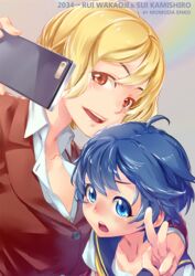  2girls arm_around_shoulder artist_name blonde_hair blue_eyes blue_hair blush cellphone character_name commentary_request enko_momoda kamishiro_sui multiple_girls open_mouth phone school_uniform selfie serafuku short_hair smile tokyo_7th_sisters v wakaouji_rui 