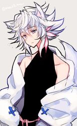  1boy animal_ears bad_id bad_twitter_id bare_shoulders black_shirt fate/grand_order fate_(series) grey_background highres looking_at_viewer male_focus merlin_(fate) mom_29_mom off_shoulder parted_lips purple_eyes shirt simple_background sleeveless sleeveless_shirt solo twitter_username white_hair 