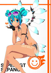  absurdres akabuchi_megane aqua_eyes aqua_hair bad_id bad_pixiv_id bare_shoulders bikini crossed_legs dark_skin double_bun eyewear_on_head female fingerless_gloves gloves goggles goggles_on_head goodsmile_company goodsmile_racing hair_bun hatsune_miku headphones heart_hair_bun highres looking_at_viewer mechanical_wings nail_polish navel race_queen racing_miku racing_miku_(2013) racing_miku_(2013_sepang_ver.) sitting solo stomach sunglasses swimsuit tan transparent_wings vocaloid white_background wings 