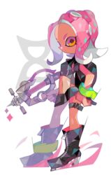  agent_8_(splatoon) amakusa_(hidorozoa) black_footwear black_skirt boots closed_mouth commentary_request crop_top female finger_on_trigger high_heel_boots high_heels holding leg_belt looking_at_viewer navel octoling octoling_girl octoling_player_character orange_eyes parted_bangs partial_commentary pink_hair skirt solo splash-o-matic_(splatoon) splatoon_(series) splatoon_2 weapon white_background wristband 