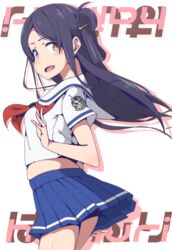  awachi black_hair brown_eyes commentary_request female high_school_fleet long_hair marikouji_kaede midriff miniskirt one_side_up school_uniform serafuku short_sleeves skirt solo standing yokosuka_girls_marine_high_school_uniform 