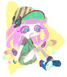  amazakura baseball_cap blush bracelet clownfish commentary_request drooling eyelashes female fish fish_hair_ornament green_eyes green_skirt hair_ornament harmony&#039;s_clownfish_(splatoon) harmony_(splatoon) hat jewelry long_hair miniskirt pink_hair sanpaku shoes short_hair sitting skirt sneakers solo splatoon_(series) splatoon_1 tentacle_hair tropical_fish 