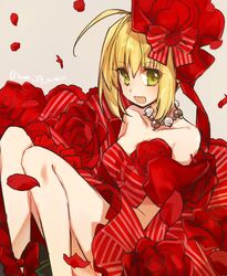  :d ahoge bare_shoulders blonde_hair breasts collarbone commentary_request dress fate/extra fate_(series) female green_eyes headwear_request jewelry large_breasts looking_at_viewer mom_29_mom necklace nero_claudius_(fate) nero_claudius_(fate/extra) nero_claudius_(idol_emperor)_(fate) official_alternate_costume open_mouth petals smile solo 