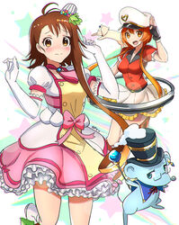  2girls ahoge animal animal_ears apron artist_name ascot bare_legs black_gloves black_hat blush breasts brown_eyes brown_hair commentary dress elbow_gloves fingerless_gloves foot_out_of_frame frilled_dress frills glasses gloves hair_ornament hat heart highres jewelry looking_at_viewer magical_girl magical_patissier_kosaki-chan medium_breasts mini_hat miyamoto_ruri mouse_(animal) mouse_ears multiple_girls nisekoi onodera_kosaki photoshop_(medium) pink_ascot pink_dress pink_ribbon puffy_short_sleeves puffy_sleeves qosic red_shirt ribbon shirt short_hair short_hair_with_long_locks short_sleeves sidelocks skirt staff tachibana_marika wavy_mouth white_footwear white_gloves white_hat white_skirt yellow_apron 