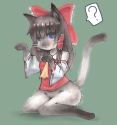  ? animalization bad_id bad_pixiv_id blue_eyes blush body_fur bond_(8261521) bow cat_girl commentary_request detached_sleeves eyebrows female fluffy full_body furrification furry furry_female green_background hair_tubes hairbow hakurei_reimu kneeling large_bow neko_miko_reimu oerba_yun_fang red_bow sidelocks simple_background solo speech_bubble spoken_question_mark tail touhou whiskers 