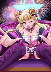  ao_(time-leap) blonde_hair blunt_bangs blush boots breasts cleavage commentary_request cross-laced_footwear female fireworks headset lace-up_boots large_breasts long_hair looking_at_viewer one_eye_closed open_mouth outstretched_arms outstretched_hand purple_footwear red_eyes sitting smile solo thigh_boots thighhighs tokyo_7th_sisters twintails two_side_up uesugi_u._kyouko 