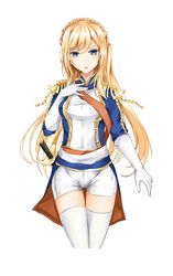  absurdres anotoki_ashi bad_id bad_pixiv_id blonde_hair blue_eyes braid cameltoe chinese_commentary commentary_request crown_braid epaulettes female france french_navy gloves hand_on_own_chest highres long_hair looking_at_viewer open_mouth richelieu_(warship_girls_r) shorts solo swept_bangs sword thigh_gap thighhighs uniform warship_girls_r weapon white_gloves white_shorts white_thighhighs 