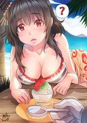  1boy ? admiral_(kancolle) artist_name asdj bare_shoulders beach bikini black_hair blue_sky breast_rest breasts cleavage cloud coconut_tree collarbone commentary dated day eating female food hair_ornament headgear highres holding holding_spoon kantai_collection large_breasts leaning_forward lips looking_at_viewer outdoors palm_tree parted_lips photoshop_(medium) pov pov_hands red_eyes shaved_ice short_hair signature sky spoken_question_mark spoon swimsuit tree trembling ujikintoki yamashiro_(kancolle) yamashiro_(swimsuit_mode)_(kancolle) 