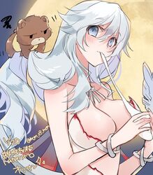  1boy artemis_(fate) bear blue_eyes blush bracelet breasts cleavage commentary_request dango eating fate/grand_order fate_(series) female food full_moon highres jewelry large_breasts long_hair looking_at_viewer mom_29_mom moon orion_(bear)_(fate) smile very_long_hair wagashi white_hair 