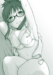  3e akizuki_ritsuko armpits arms_up bed blush bra breasts cleavage commentary_request female folded_ponytail glasses green_theme hair_bun idolmaster idolmaster_(classic) large_breasts legs looking_at_viewer lying monochrome navel open_mouth photoshop_(medium) single_hair_bun smile solo sweat sweater underwear 