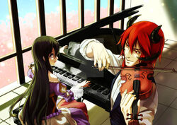  black_hair borrowed_character demon_boy demon_horns dress duet female formal horns instrument kabane_(follabi) long_hair music off-shoulder_dress off_shoulder original piano playing_instrument purple_eyes red_eyes red_hair short_hair very_long_hair violin watermark 