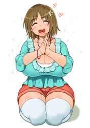  blush breasts brown_hair cleavage closed_eyes commentary_request female flower hair_flower hair_ornament huge_breasts idolmaster idolmaster_cinderella_girls ikinari_mojio jewelry mimura_kanako necklace open_mouth own_hands_clasped own_hands_together photoshop_(medium) plump seiza short_hair shorts sitting smile solo thighhighs white_thighhighs 