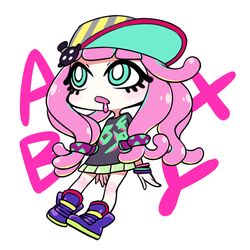  aqua_eyes baseball_cap bracelet bright_pupils chan_co chibi clownfish commentary_request drooling eyelashes female fish fish_hair_ornament full_body green_skirt hair_ornament harmony&#039;s_clownfish_(splatoon) harmony_(splatoon) hat jewelry long_hair miniskirt open_mouth pink_hair pleated_skirt saliva short_sleeves simple_background skirt solo splatoon_(series) splatoon_1 tentacle_hair tropical_fish white_background 