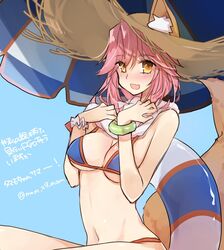  :d animal_ears bikini blue_bikini blush bracelet breasts cleavage commentary_request ears_through_headwear fate/grand_order fate_(series) female fox_ears hat heart heart-shaped_pupils innertube jewelry long_hair medium_breasts mom_29_mom navel oerba_yun_fang open_mouth parasol pink_hair smile solo straw_hat sun_hat swim_ring swimsuit symbol-shaped_pupils tamamo_(fate) tamamo_no_mae_(swimsuit_lancer)_(fate) towel twitter_username umbrella yellow_eyes 