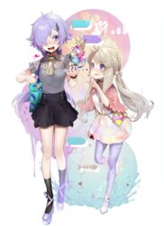  2girls :q ^^^ absurdres ascot bad_id bad_pixiv_id bag black_footwear black_nails black_skirt blonde_hair blue_choker capelet choker fingernails food food_on_face grey_shirt hair_ornament hair_over_one_eye hairclip handbag herme_(ohisashiburi) high-waist_skirt highres holding holding_food ice_cream long_hair multiple_girls nail_polish ohisashiburi open_mouth original pantyhose popsicle purple_eyes purple_footwear purple_hair_girl_(ohisashiburi) purple_legwear shirt shoes shoulder_bag skirt smile standing standing_on_one_leg tongue tongue_out twintails walking wristband yellow_ascot 