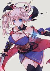  :q bare_shoulders black_thighhighs blue_eyes breasts cleavage commentary_request dual_wielding earrings fate/grand_order fate_(series) female highres holding holding_sword holding_weapon japanese_clothes jewelry katana kimono large_breasts long_hair looking_at_viewer miyamoto_musashi_(fate) miyamoto_musashi_(second_ascension)_(fate) mom_29_mom pink_hair sash smile solo sword thighhighs tongue tongue_out weapon 