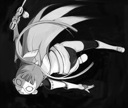  beam_saber belt boots buruma cape commentary_request female greyscale komadori_renge long_hair long_sleeves mask momo_(higanbana_and_girl) monochrome open_mouth ribbon-trimmed_legwear ribbon-trimmed_sleeves ribbon_trim sekai_seifuku:_bouryaku_no_zvezda solo thighhighs twintails white_robin 