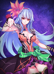  bad_id bad_pixiv_id blue_hair breasts cleavage female flower hair_flower hair_ornament large_breasts long_hair looking_at_viewer matsuryuu photoshop_(medium) red_eyes rocbouquet_(saga) romancing_saga romancing_saga_2 saga smile solo thighhighs 