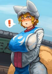  ! adapted_costume animal_hat bad_id bad_tumblr_id blonde_hair blue_sky blush breasts chanta_(ayatakaoisii) cloud commentary covered_nipples day embarrassed extra_ears female fox_tail hands_in_opposite_sleeves hat highres huge_breasts lactation lactation_through_clothes long_skirt long_sleeves looking_down mob_cap multiple_tails nose_blush open_mouth outdoors own_hands_together shirt short_hair sidelocks skirt sky slit_pupils solo speech_bubble spoken_exclamation_mark sweatdrop tabard tail touhou upper_body white_shirt white_skirt wide_sleeves yakumo_ran 