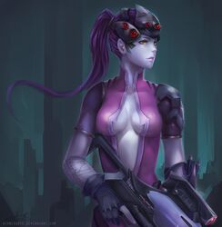  aionlights arm_tattoo armor blue_skin bodysuit breasts cleavage colored_skin commentary english_commentary expressionless female gloves gun hair_pulled_back head-mounted_display lipstick makeup medium_breasts overwatch overwatch_1 pauldrons pink_bodysuit ponytail purple_hair rifle shoulder_armor signature sniper_rifle solo tattoo watermark weapon web_address widowmaker_(overwatch) yellow_eyes 