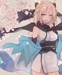  :d breasts cherry_blossoms commentary_request fate_(series) female highres japanese_clothes kimono koha-ace looking_at_viewer medium_breasts mom_29_mom okita_souji_(fate) okita_souji_(koha-ace) open_mouth pink_hair purple_eyes sash scarf short_kimono smile solo teeth 