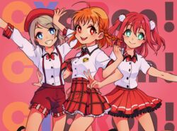  3girls :d ahoge aqua_eyes beret blue_eyes bow bowtie braid clenched_hand collared_shirt commentary_request cyaron!_(love_live!) genki_zenkai_day!_day!_day! girl_sandwich grey_hair grin group_name hat kurosawa_ruby locked_arms long_sleeves looking_at_viewer love_live! love_live!_sunshine!! multiple_girls nail_polish necktie open_mouth orange_hair plaid plaid_bow plaid_necktie plaid_skirt red_eyes red_hair sandwiched shirt short_sleeves shorts side_braid skirt smile suspender_shorts suspenders takami_chika two_side_up v walliant_(walnutlin) watanabe_you 