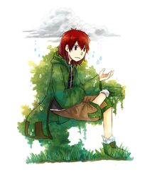  1other androgynous cloud commentary_request hood hooded_jacket hoodie jacket len&#039;en necktie other_focus rain red_eyes red_hair shitodo_hooaka short_hair shorts solo yamanoskk 