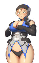  adjusting_clothes ass_visible_through_thighs belt belt_pouch black_gloves blonde_hair blush breasts cleavage commentary_request earth_defence_force_5 earth_defense_force elbow_gloves female frown gloves helmet highres large_breasts maku_ro navel pouch simple_background skindentation solo standing white_background wing_diver yellow_eyes 