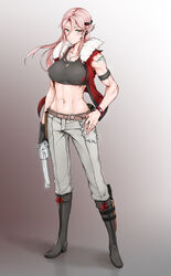  abs absurdres armband bad_id bad_pixiv_id belt black_gloves blush boots breasts closed_mouth covered_nipples cross cross_necklace dagger ear_piercing earbuds earphones female fingernails full_body fur_trim gloves green_eyes grey_footwear grey_hair grey_pants gun hair_between_eyes handgun highres holding holding_gun holding_weapon holster jacket jewelry knee_boots knife large_breasts laserflip legs_apart light_smile long_hair looking_at_viewer microphone midriff navel necklace open_clothes open_jacket original pants photoshop_(medium) piercing pink_hair pointy_ears pouch red_jacket reflective_floor revolver scabbard sheath shoulder_tattoo single_glove sleeveless sleeveless_jacket smile solo tattoo thumb_in_pocket toned torn_clothes torn_sleeves watch weapon wristband wristwatch 