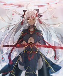  black_legwear breasts cleavage commentary_request dark_skin fate_(series) female grey_hair hair_ornament highres katana koha-ace large_breasts long_hair mom_29_mom okita_souji_(fate) okita_souji_alter_(fate) parted_lips sheath sheathed sword thighhighs very_long_hair weapon yellow_eyes 