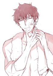  1boy bad_id bad_twitter_id hand_on_own_chin kekkai_sensen male_focus manly messy_hair monochrome razor shaving shaving_beard shaving_cream simple_background solo steven_a._starphase tori_(driftwood) towel towel_around_neck upper_body white_background 