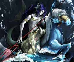  1boy absurdres blue_hair blue_skin colored_skin commentary_request curly_hair fins food_fighter_441 green_eyes head_fins highres horse male_focus merman monster_boy nail_polish nude original photoshop_(medium) polearm solo trident water weapon 